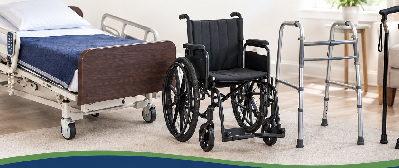 Hospital bed, wheelchair, walker, and canes